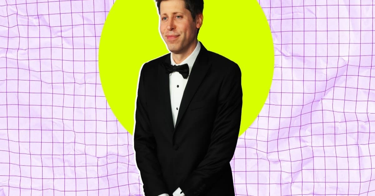 Ilustrasi foto Sam Altman dengan latar belakang ungu dan kuning terkait gugatan Florida terhadap OpenAI