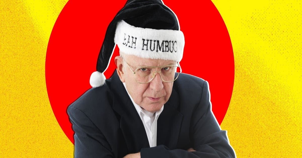 Ilustrasi eksekutif bisnis dengan ekspresi tegas dan topi bertuliskan Bah Humbug