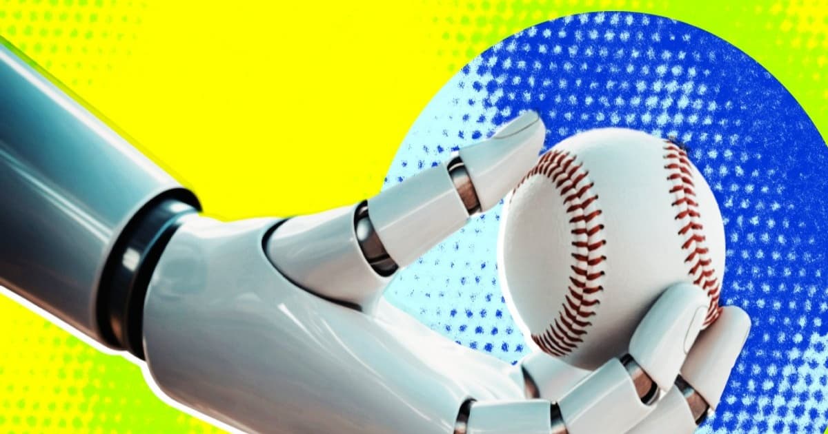 Ilustrasi tangan robot memegang bola baseball dengan latar belakang kuning dan biru terang