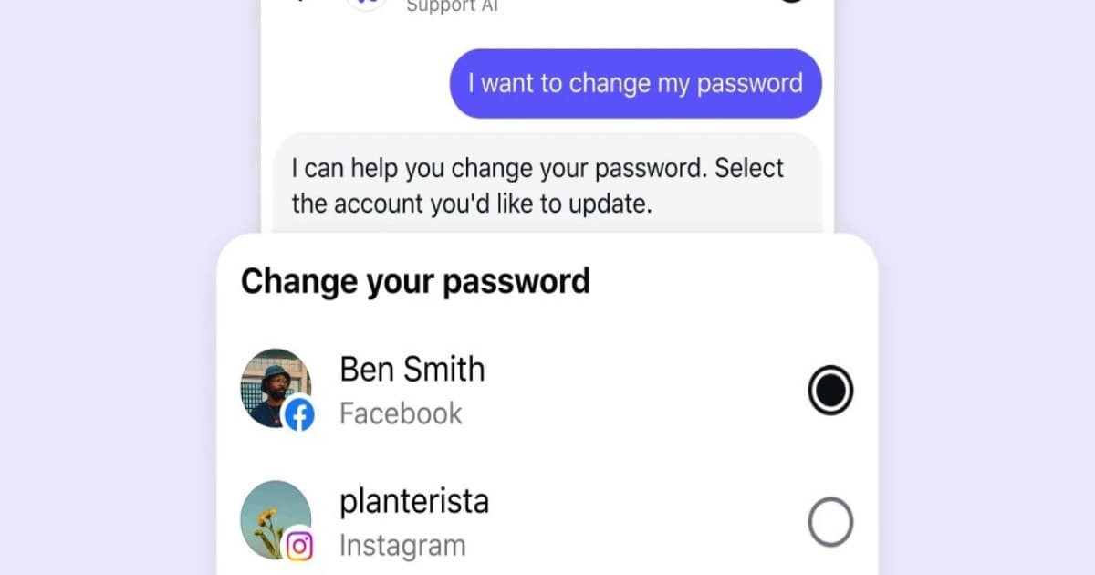 Ilustrasi akun Instagram yang dibajak dengan latar belakang kode program dan logo Meta, menggambarkan serangan siber melalui chatbot AI.