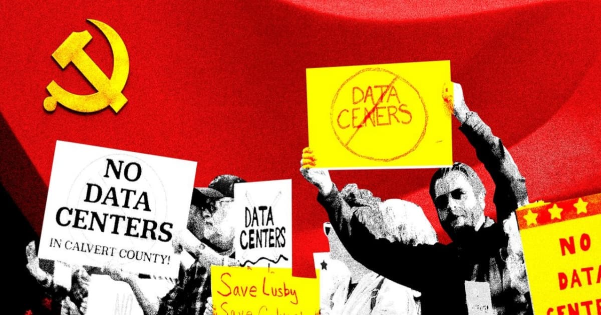 Ilustrasi protes pembangunan pusat data di Amerika Serikat dengan latar belakang bendera China dan AS.