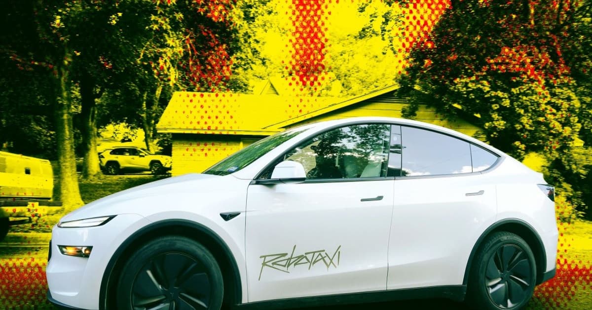 Ilustrasi foto Tesla Robotaxi dengan gaya artistik, menampilkan mobil otonom di jalan raya.
