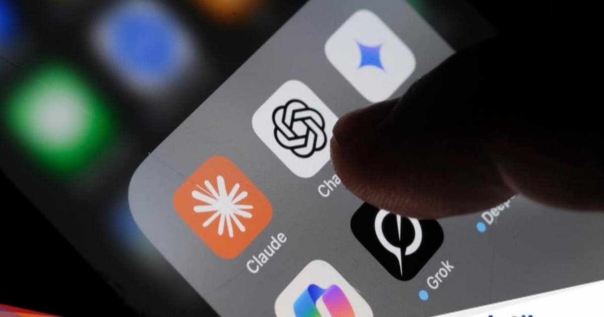 Ilustrasi layar iPhone dengan ikon aplikasi AI termasuk ChatGPT, DeepSeek, Gemini, Copilot, Grok, dan Claude