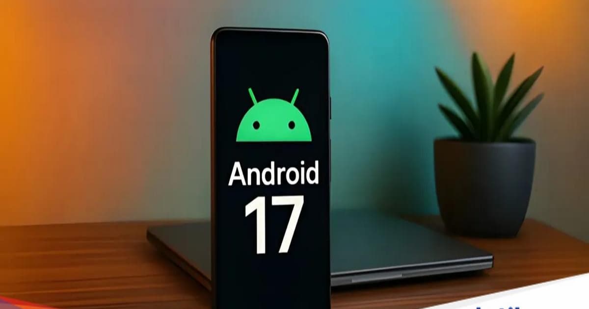 Ilustrasi logo Android 17 dengan latar belakang gradasi hijau