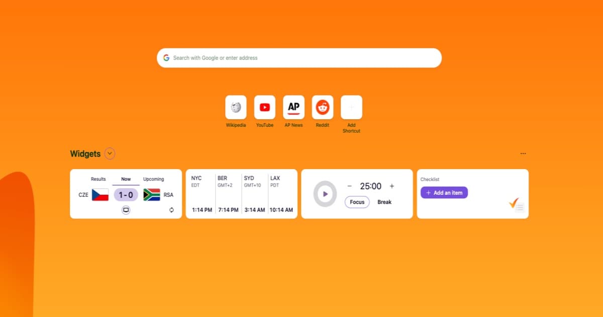 Tampilan widget Firefox 152 di halaman utama browser dengan timer fokus, checklist, skor olahraga, dan zona waktu