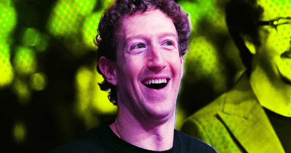 Ilustrasi Mark Zuckerberg dengan latar teknologi AI dan data