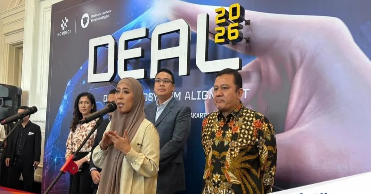 Menkomdigi Meutya Hafid berbicara di forum DEAL 2026 tentang ekonomi digital Indonesia