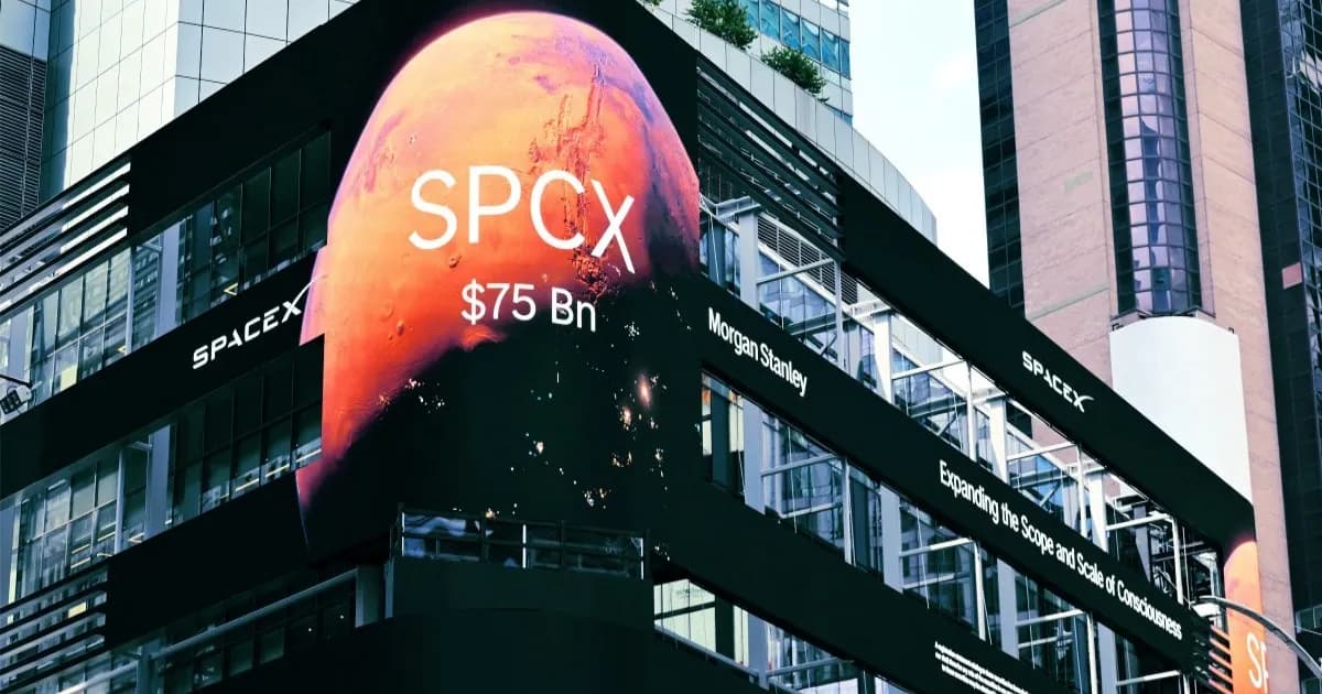 Papan reklame digital SpaceX di Times Square New York menampilkan teks SPCX $75 Bn dan logo perusahaan