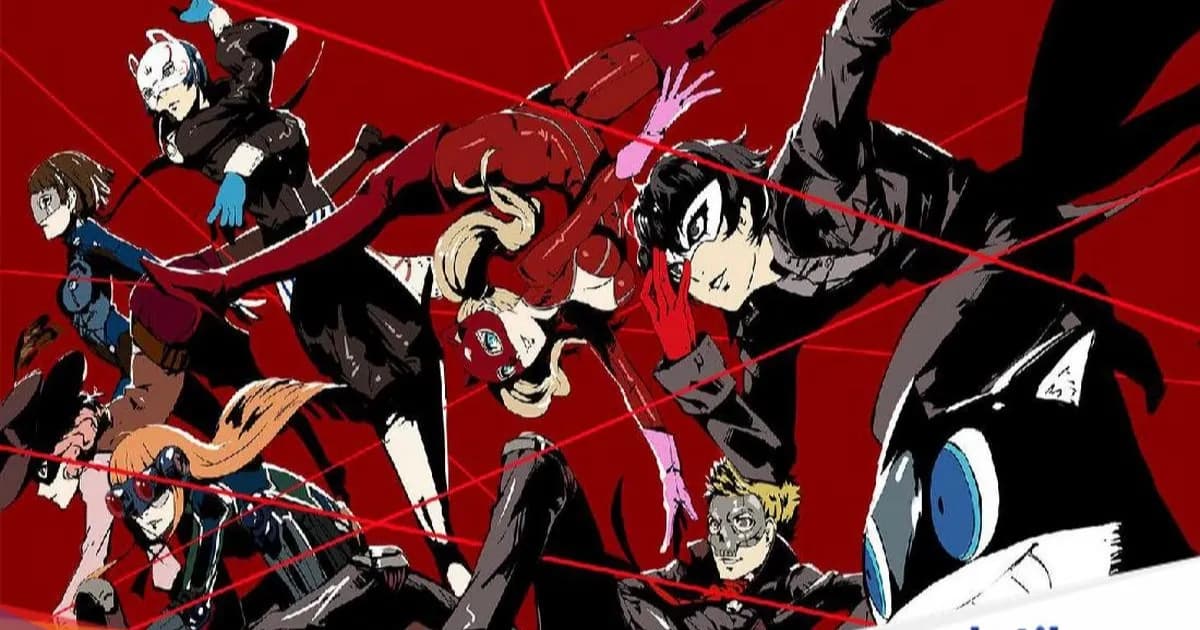 Persona 5 game cover art with stylish red and black design