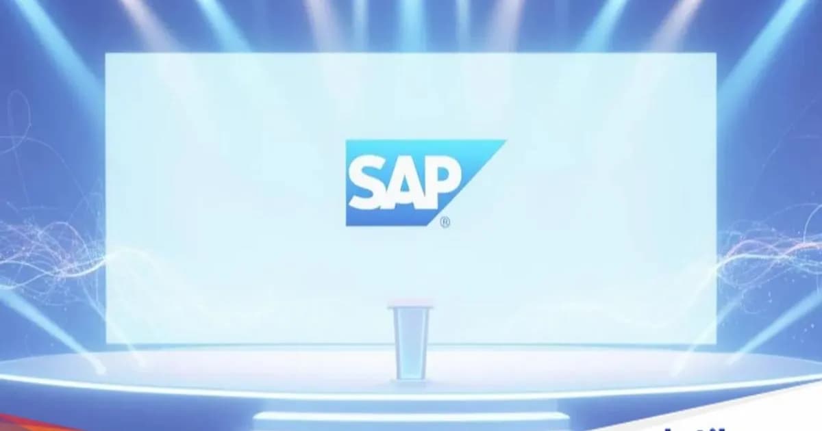 Ilustrasi logo SAP dengan latar belakang biru dan putih