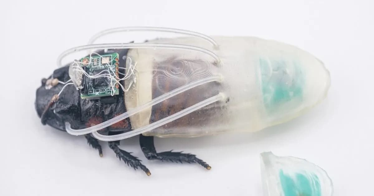 Foto close-up seekor kecoa cyborg yang mengenakan pakaian untuk bernapas di bawah air.