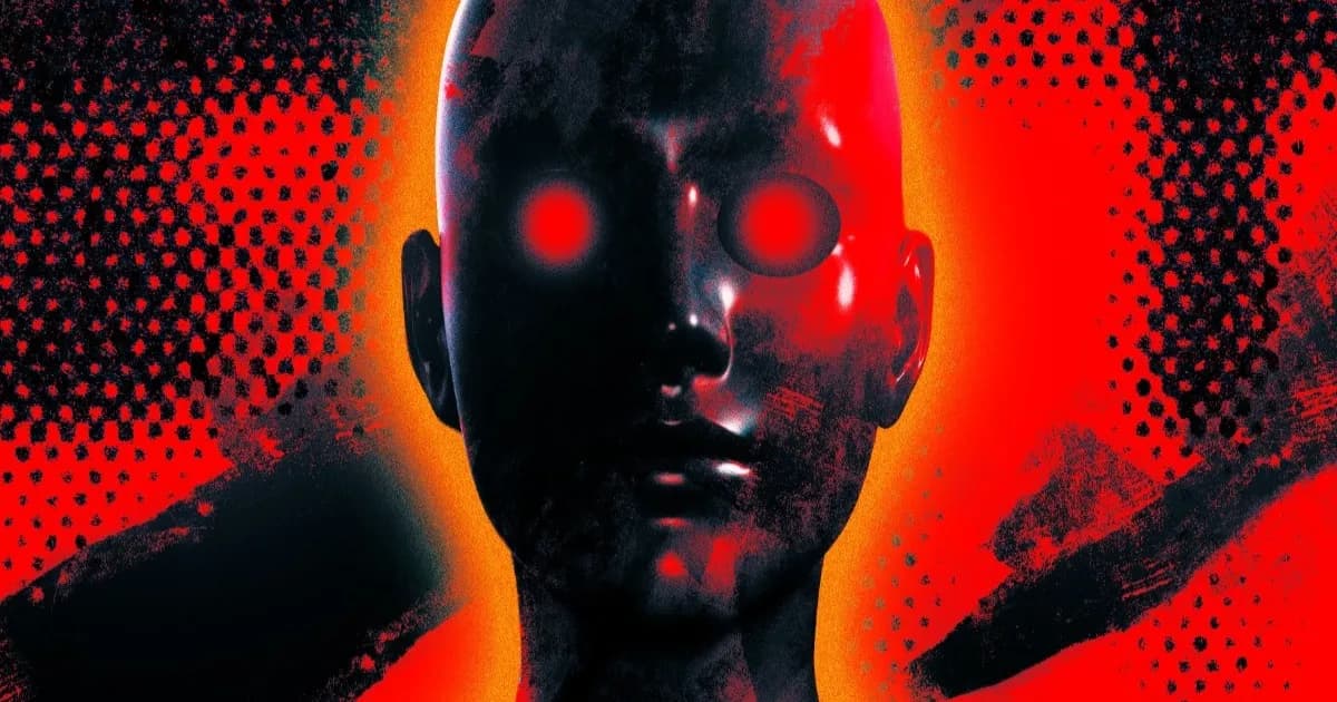 Ilustrasi robotik gelap dengan latar belakang merah yang mengancam, melambangkan ancaman keamanan siber dari model AI China GLM-5.2.