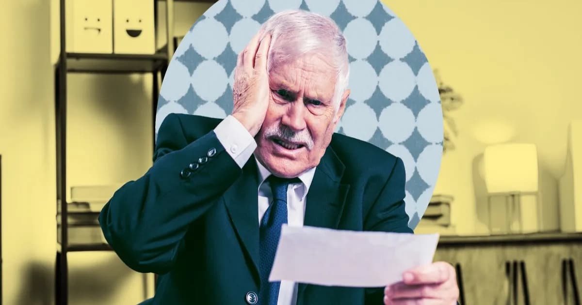 Ilustrasi CEO pria paruh baya kaget melihat tagihan AI yang membengkak