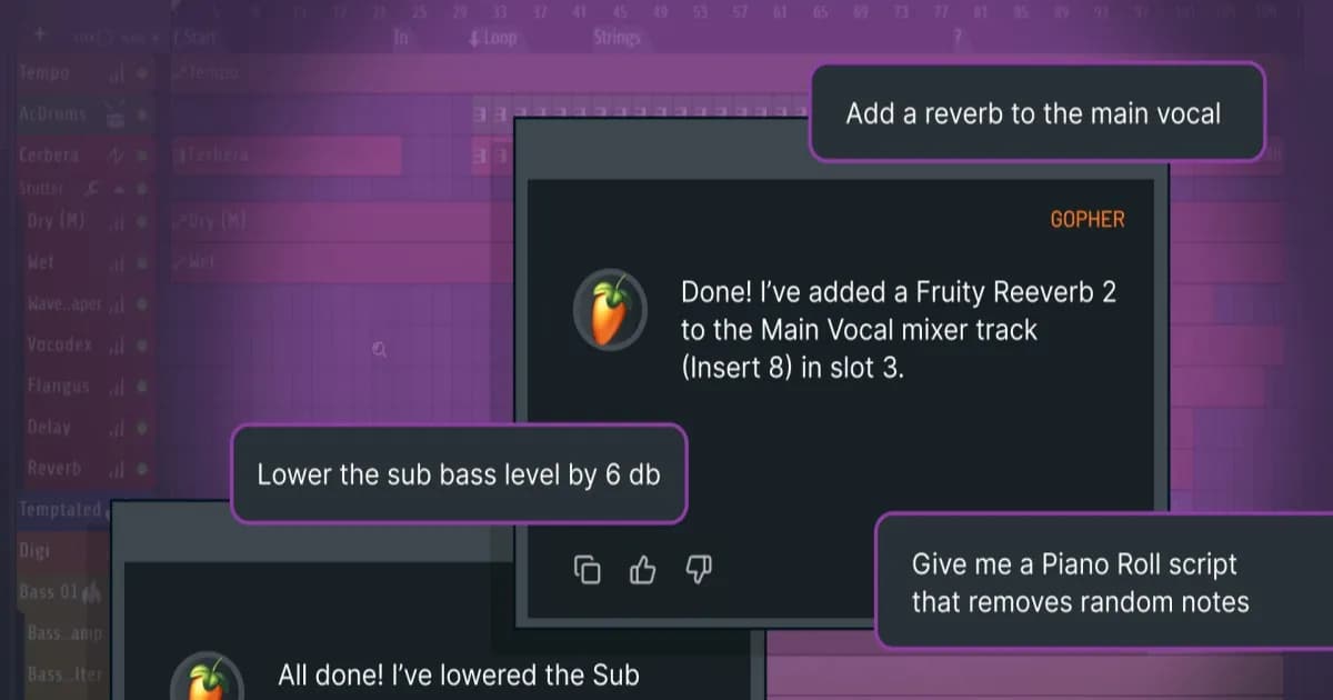 Tampilan antarmuka FL Studio 2026 dengan fitur Gopher AI dan Flex instrumen virtual yang diperbarui