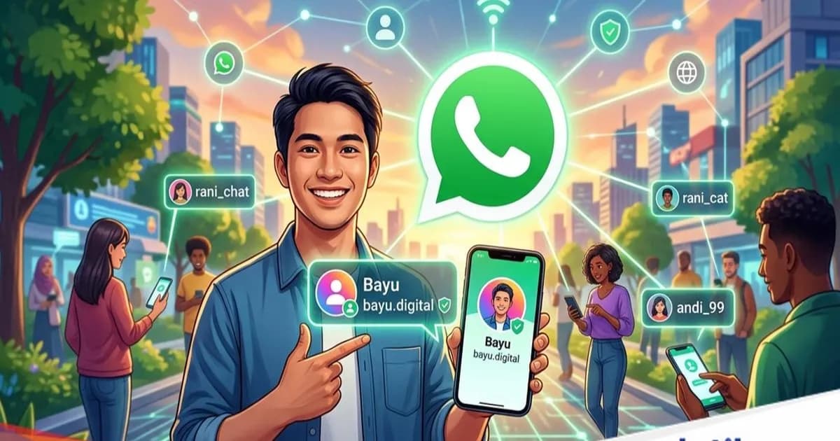 Ilustrasi fitur baru WhatsApp Username dengan latar belakang biru dan ikon profil