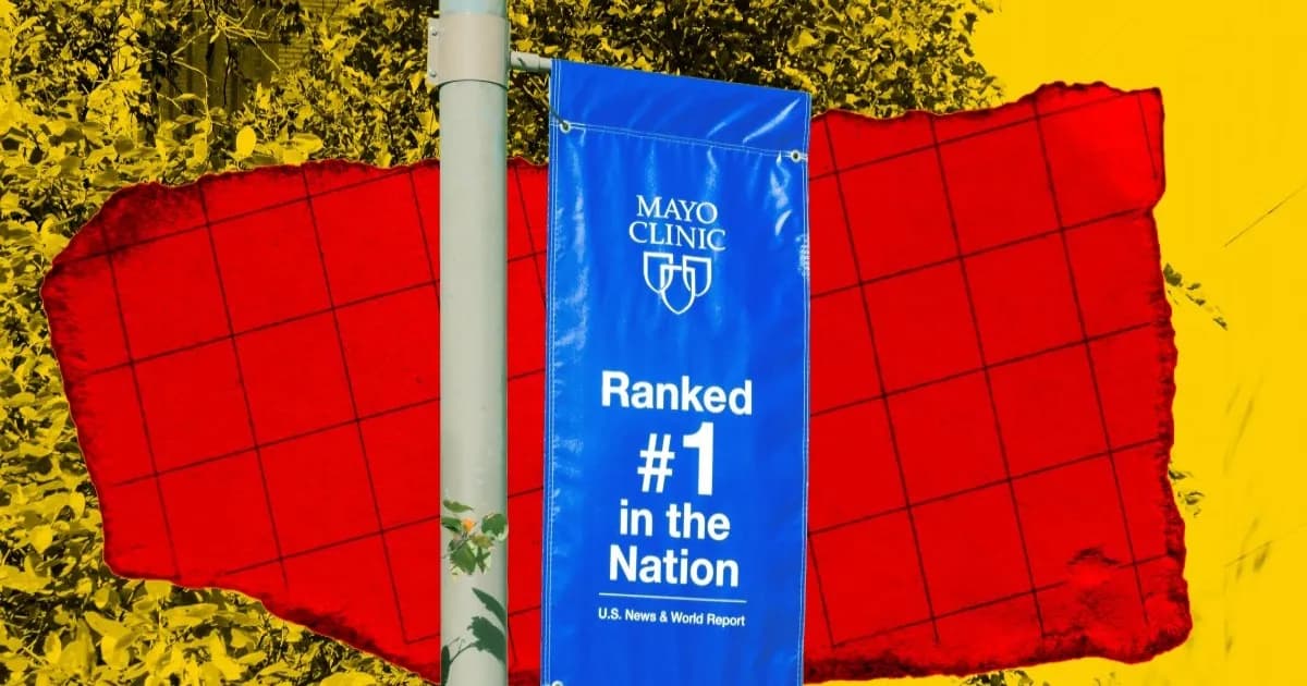 Ilustrasi papan reklame Mayo Clinic yang menampilkan peringkat nomor satu di AS