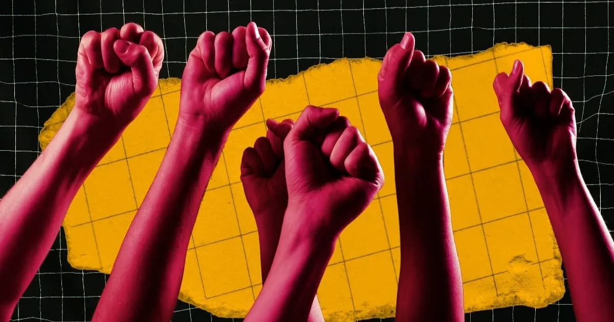 Ilustrasi grafis beberapa tangan mengepal terangkat ke udara melambangkan dukungan publik terhadap AI Sovereign Fund