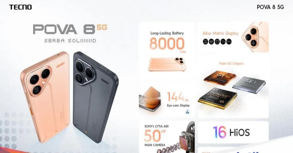 Tecno Pova 8 5G dengan desain belakang dan Alive Matrix Display
