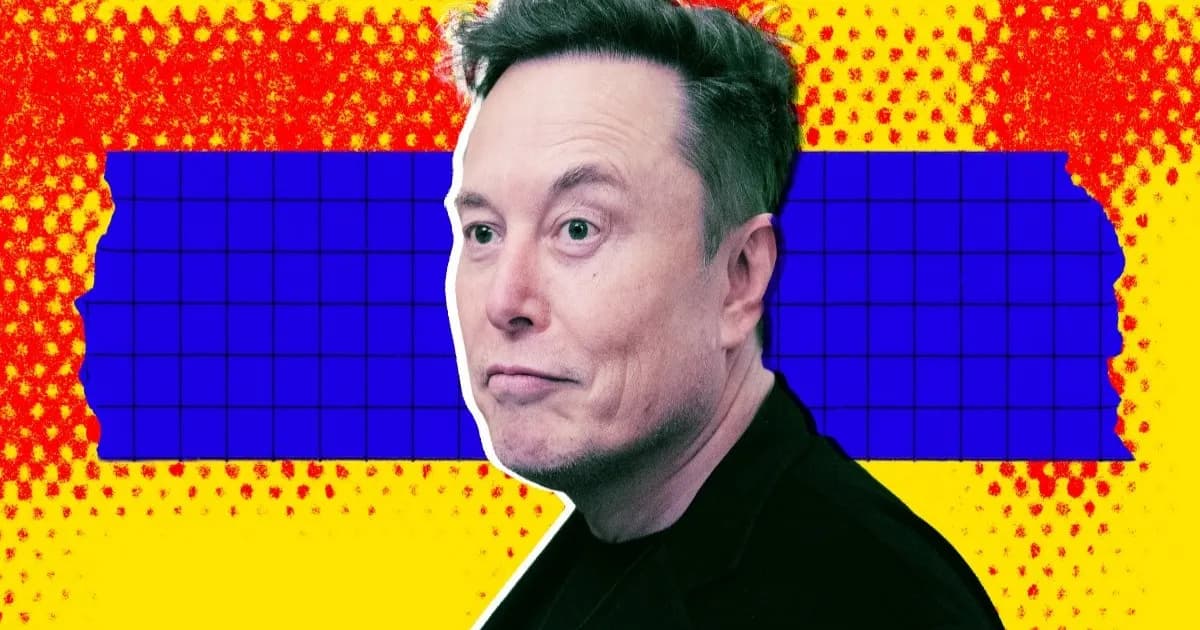 Ilustrasi kolase foto berwarna menampilkan Elon Musk dengan latar belakang roket dan pusat data