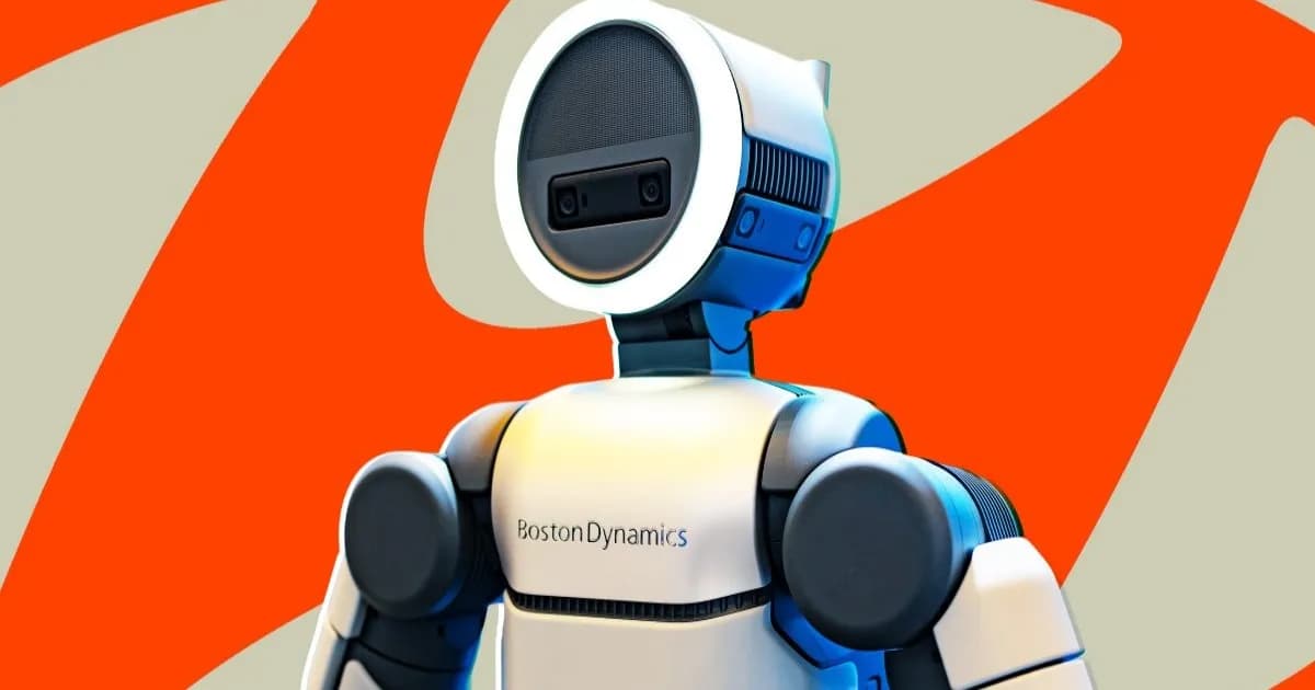 Ilustrasi robot humanoid Atlas oleh Boston Dynamics dengan latar pabrik Hyundai