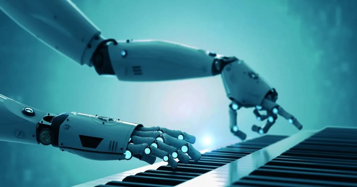 Ilustrasi tangan robotik memainkan piano dengan latar warna-warni