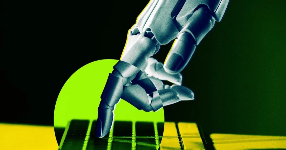 Ilustrasi tangan robotik menyentuh keyboard komputer dengan latar biru gelap