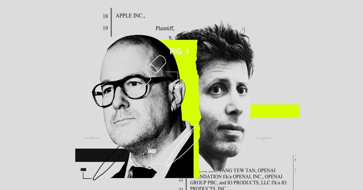 Logo Apple dan OpenAI bersebelahan dengan latar belakang ruang sidang