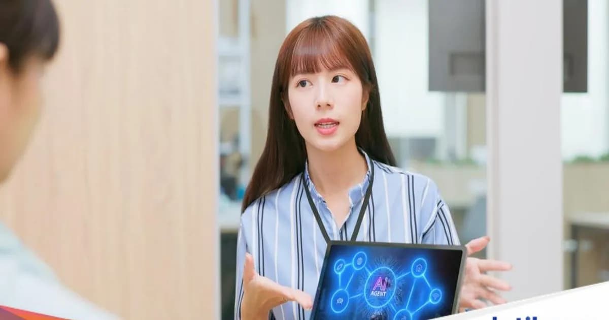 Ilustrasi wanita Asia memperkenalkan teknologi AI di tablet dalam ruang konferensi modern