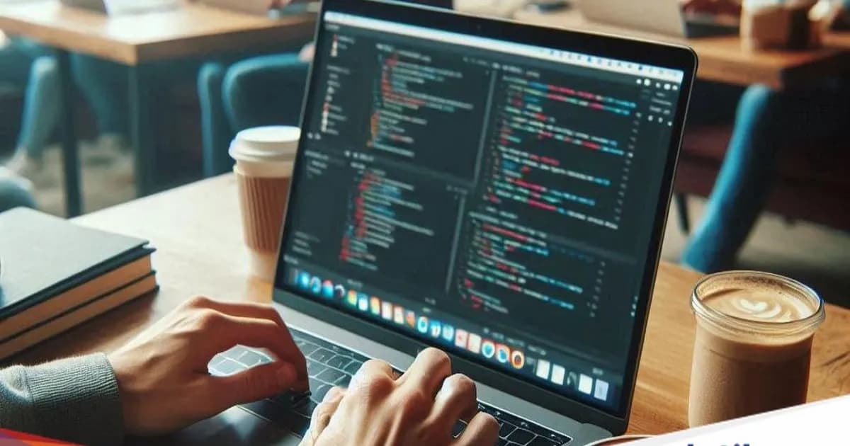 Ilustrasi seorang programmer sedang coding dengan laptop di depan layar monitor yang menampilkan baris kode program