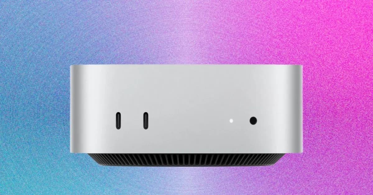 Ilustrasi Mac Mini dengan latar belakang grafik waktu tunggu pengiriman yang panjang