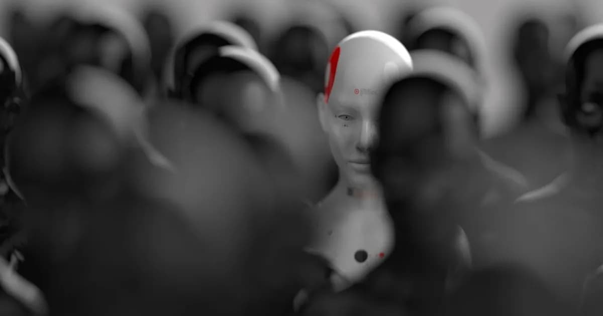 Robot humanoid putih dengan tanda merah di kepala dan leher di antara kerumunan figur humanoid gelap yang kabur