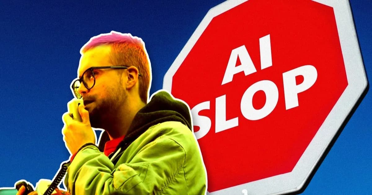 Ilustrasi Christopher Wylie dengan rambut pendek dicat merah muda memegang megafon, dengan latar rambu berhenti bertuliskan AI SLOP di langit biru.