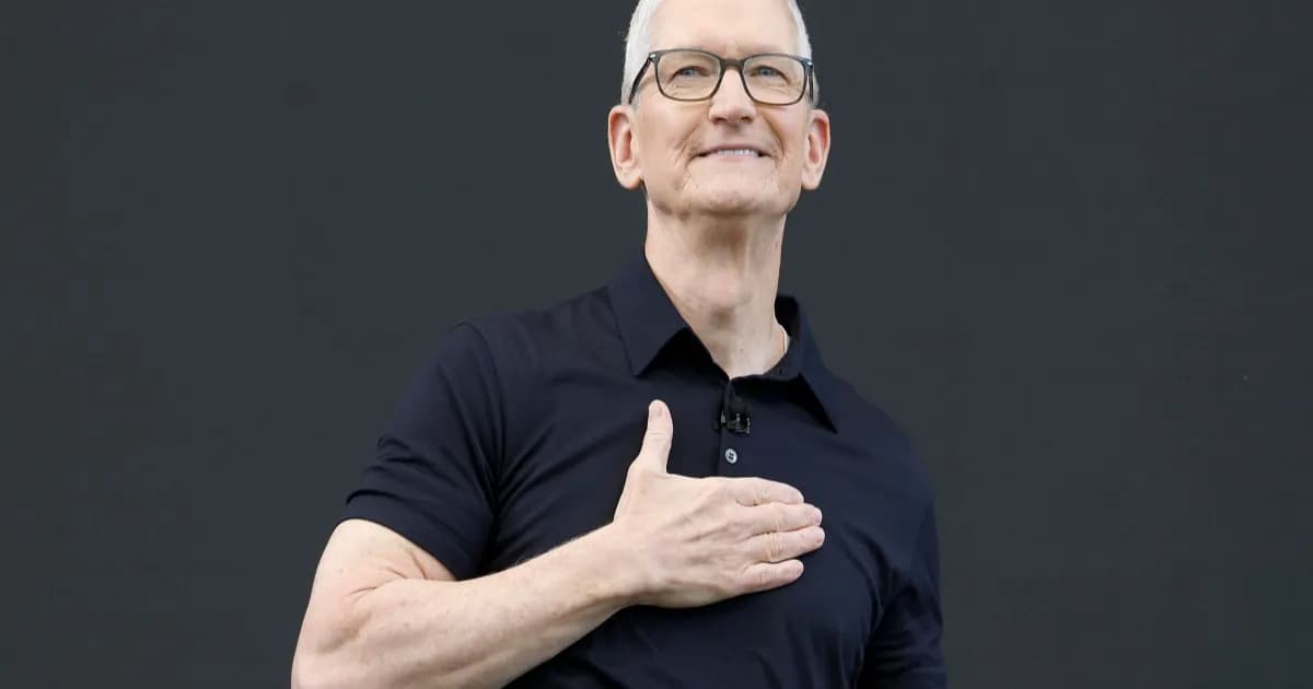 Ilustrasi logo Apple dengan latar belakang futuristik biru dan elemen AI