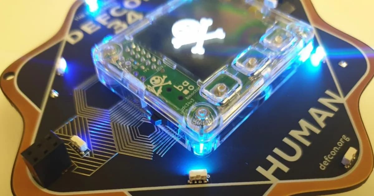 Chip open source Baochip-1x pada badge Defcon 2026 yang dapat diperiksa dengan cahaya inframerah