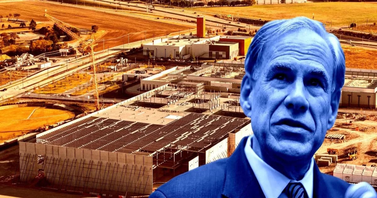 Ilustrasi Gubernur Texas Greg Abbott di depan lokasi konstruksi data center